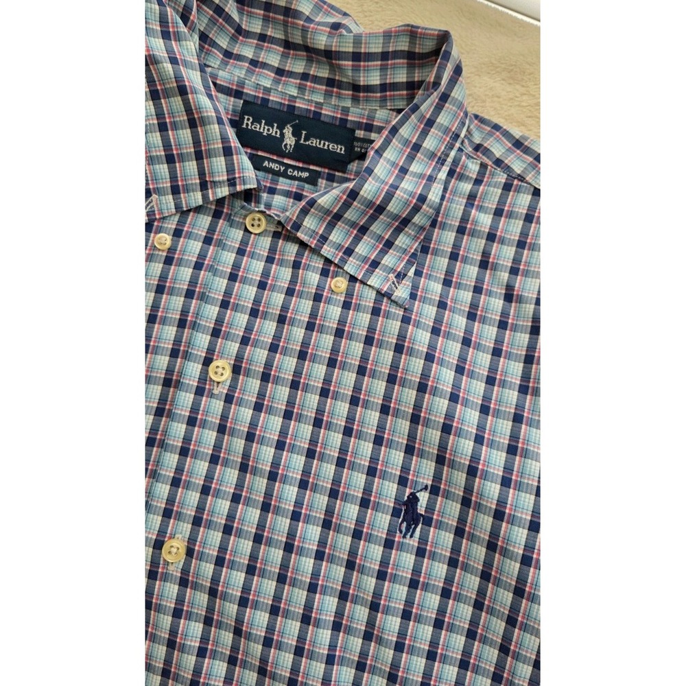 RALPH LAUREN ANDY CAMP MENS BLUE/RED PLAID SHORT SLEEVE BUTTONDOWN SIZE LARGE